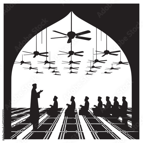Silhouette of a muslim teacher instructing a group of students in a mosque during prayer time with ceiling fans overhead