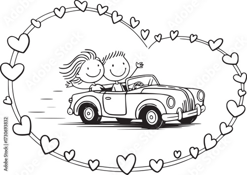 Love's Journey: An illustration of a happy couple embarking on a romantic adventure in a classic car, surrounded by a frame of hearts, symbolizing love, happiness, and the journey of togetherness.