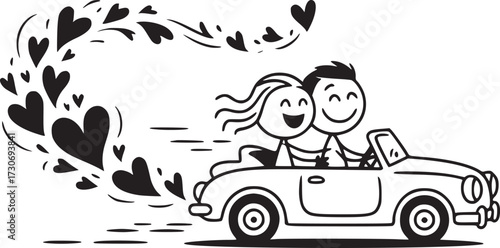 Driving into Romance: A couple in an open-top car exudes romance with a trail of heart-shaped symbols floating behind, capturing the essence of love and happiness.