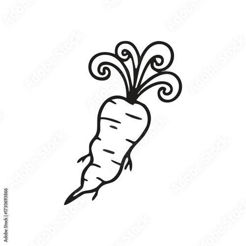 Doodle Carrot Sketch Outline. Minimalist ink artwork of a vibrant garden vegetable. Symbolizes health and organic food choices, perfect for dietary themes and natural motifs.