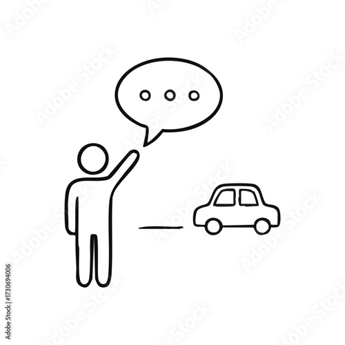 Hailing Transport Communication. Simple drawing shows a figure signaling an automobile with a dialogue bubble, representing a desire for travel or pondered mobility.