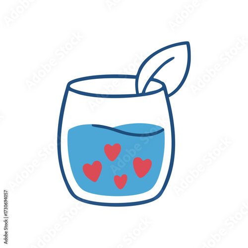Charming Love Elixir Icon. A delightful illustration of a glass with blue liquid, red floating hearts, and a green leaf. It symbolizes affection, well-being, and a joyous, caring concoction.