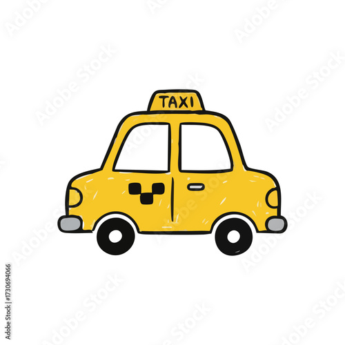 Cartoon Yellow Taxi Car Drawing. Charming hand-drawn image of a sunny golden vehicle represents urban transport and travel ease. This simple graphic conveys convenience and accessible service.