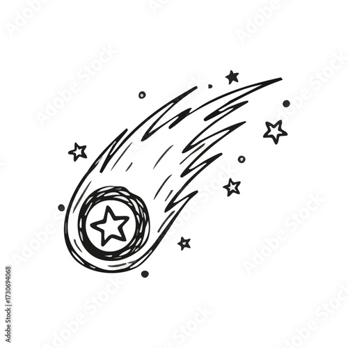 Whimsical Doodle Shooting Star. This endearing sketch portrays a celestial body with a glowing trail, evoking wonder, destiny, and the magic of space exploration.