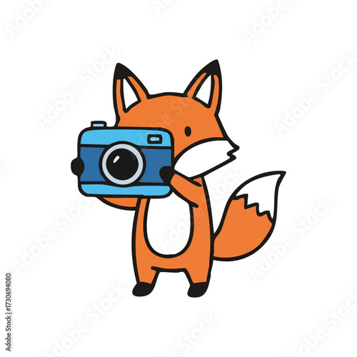 Playful Fox Photographer Character. Charming orange animal captures moments with its blue picture apparatus. Symbolizes creativity, hobbies, and the joy of discovery.