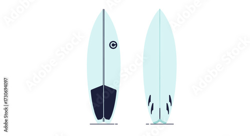 A light blue surfboard with a dark blue tail and a black fin setup shown from the front and back.