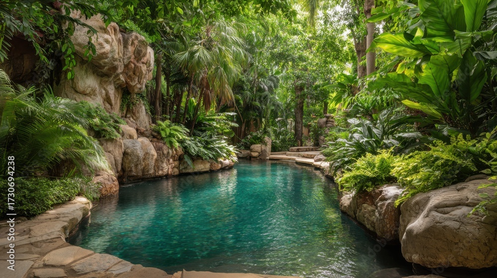 Naklejka premium A serene pool nestled in a vibrant tropical garden features lush plants and rocky formations. The clear water reflects sunlight creating a tranquil escape perfect for relaxation.