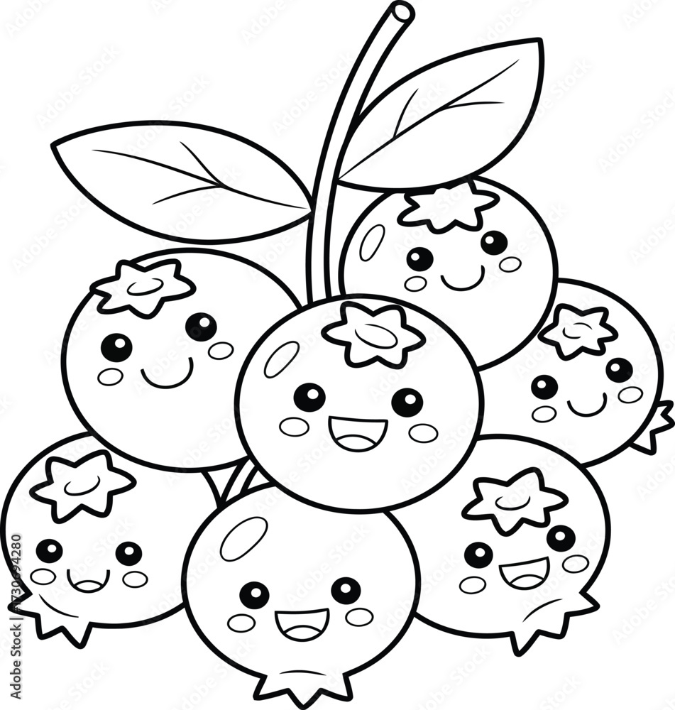 Obraz premium Adorable Kawaii Blueberries Coloring Page - Cute Fruit Outline for Kids' Crafts