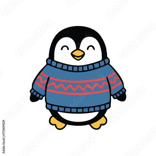 Adorable Penguin Wearing Winter Jumper. A cheerful arctic bird smiles, sporting a snug patterned garment. This delightful illustration conveys festive warmth and playful charm.