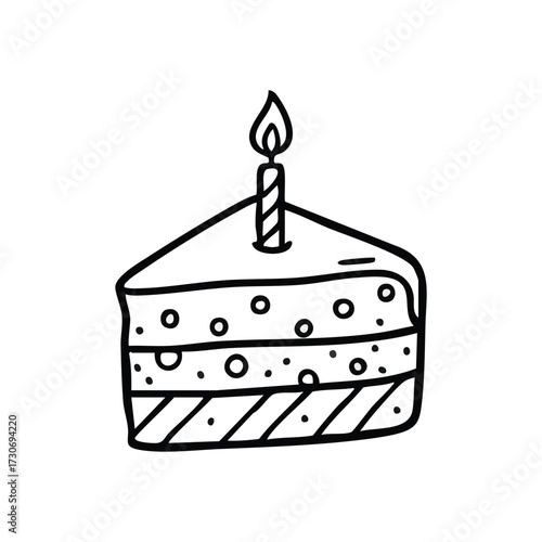 Celebration Cake Slice Doodle. Hand drawn illustration of a delicious dessert wedge with a burning candle, symbolizing joy, festivities, and sweet moments.