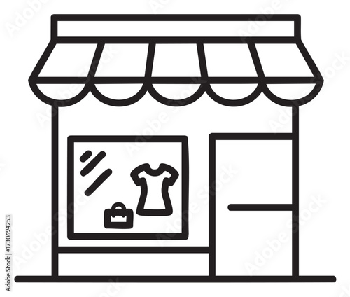 Simple black and white storefront icon with awning and display window - stock vector