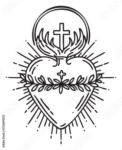 Sacred heart line art with cross and thorns radiating spirituality - stock vector