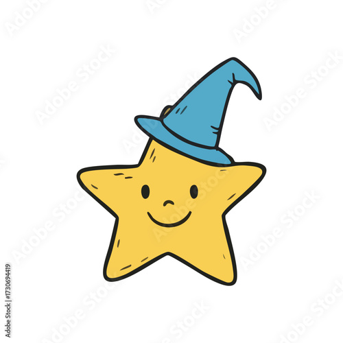 Cheerful Star with Wizard Hat. A delightful hand drawn rendering of a golden celestial body donning a blue pointed cap, symbolizing magic, dreams, and fun.