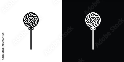 Lollipop Candy Icon with Swirl Design on Stick, Black and White Contrasting