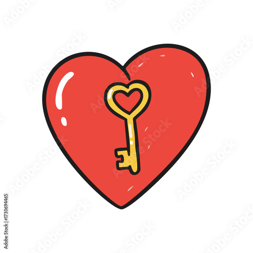 Romantic Heart Key Illustration. Charming artwork depicting a crimson heart with a shiny gold key. This endearing graphic signifies opening affections, discovering love, or a cherished secret.