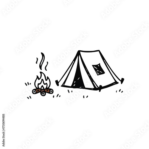 Camping Tent and Campfire Doodle. Hand drawn outdoor scene depicting a classic shelter and blazing fire. Symbolizes adventure, freedom, and peaceful wilderness escapes.