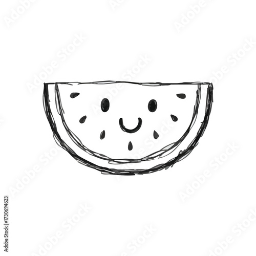Joyful Watermelon Cartoon Icon. A delightful hand drawn fruit illustration featuring a friendly face. This playful image symbolizes happiness and lightheartedness.
