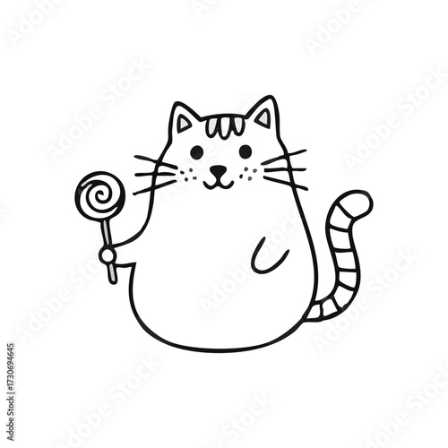 Cute Cat with Swirl Lollipop. Adorable feline holding a sweet candy treat. This charming doodle represents simple joy and innocent delight.