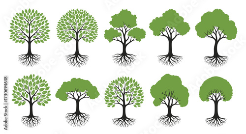 A collection of ten stylized green trees with visible root systems depicted in a graphic illustration.