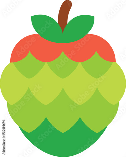 A stylized illustration of a hop cone with green leaves and a brown stem, isolated on a white background