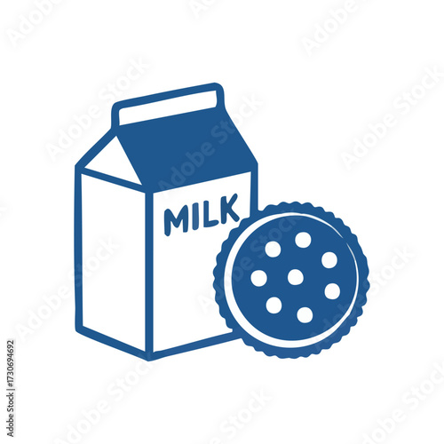 Dairy Drink and Biscuit Snack. Clean illustration of a fresh milk carton and a delicious chocolate chip cookie. This iconic pairing symbolizes comfort, simple joys, and a nostalgic snack.