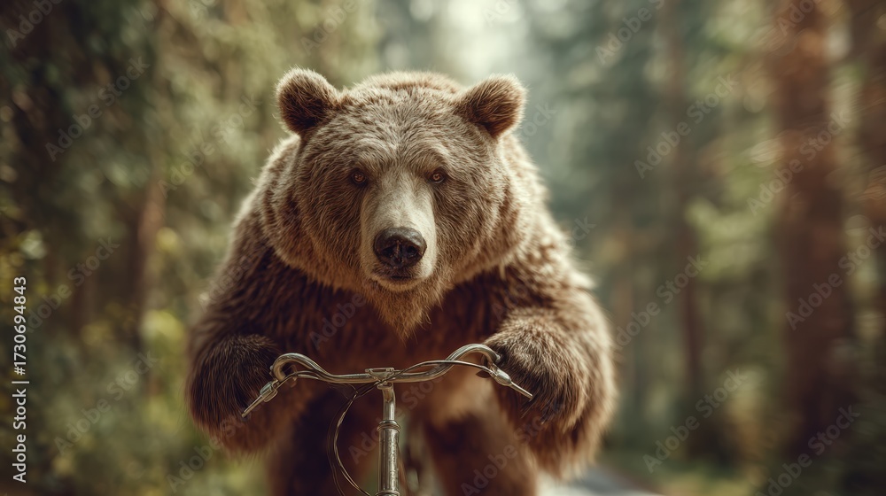 Fototapeta premium brown bear riding a bicycle on a forest path, Daylight with soft shadows