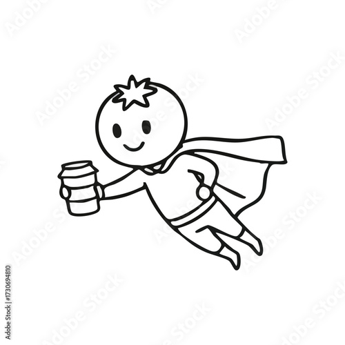Energized Hero Flying with Coffee Cup. Cheerful cartoon figure, with a tomato like head, soaring while clutching a hot beverage. Represents a dynamic boost for productivity.