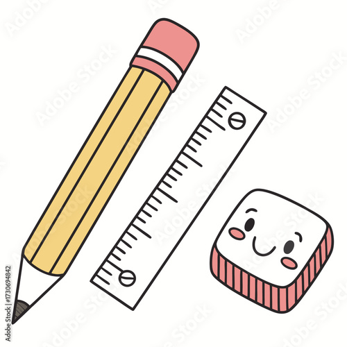 Charming hand-drawn pencil ruler and eraser for back to school and learning projects isolated on transparent background