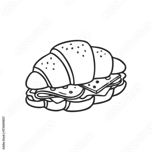 Classic Croissant Sandwich Outline. Monochrome illustration depicts a delectable croissant pastry, generously packed with savory deli meat and cheese. Symbolizes a quick, satisfying meal.