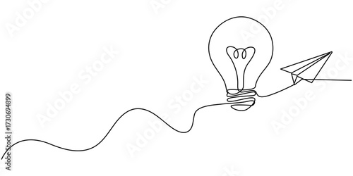line bulb light lightbulb icon continuous one art doodle outline, sketch line bulb lamp vector journey business idea paper plane education concept single startup design, Paper plane flying up connect