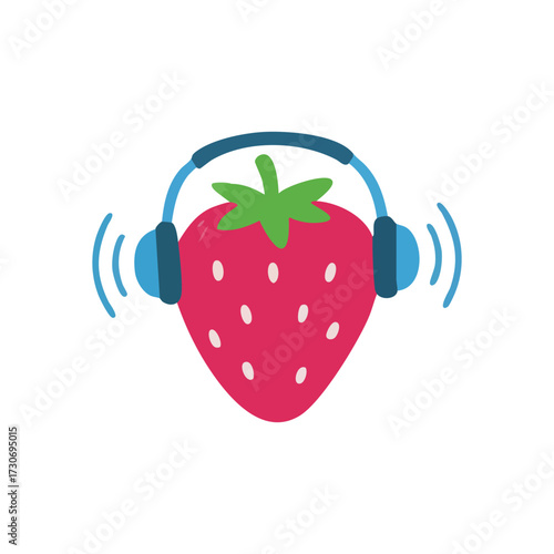 Strawberry with Headphones Playing Music. A delightful fruit wearing ear devices emits joyful audio waves, symbolizing a playful connection between healthy eating and sweet melodies.