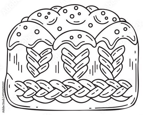 Hand-drawn decorative homemade bread with braided pattern and toppings - stock vector