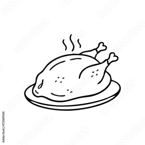 Steaming Roasted Turkey Dinner. Monochrome line art of a hot, freshly prepared festive dish on a platter. Evokes feelings of warmth, comfort, and celebration.