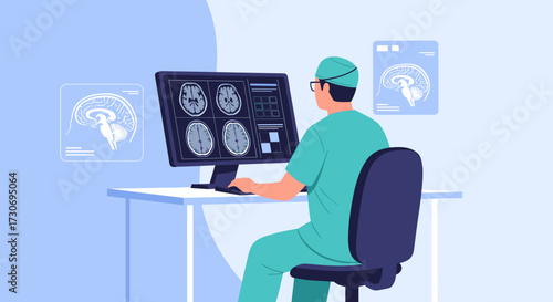 Medical professional analyzing brain scans on a computer screen for diagnosis and treatment planning.