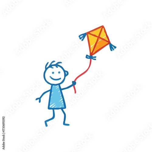 Happy Child Kite Flying. A cheerful stick figure illustration depicts a young individual enjoying a pleasant day, symbolizing freedom, playfulness, and innocence. Its simple design evokes nostalgic.