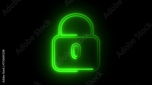 neon Lock symbol isolated on Black background. Glowing neon color security privacy password.
