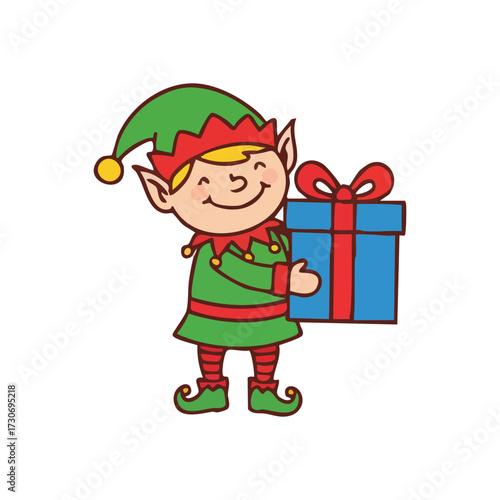 Happy Christmas Elf with Present. A delightful cartoon of Santa's assistant proudly displaying a festive package, symbolizing generosity and holiday cheer.