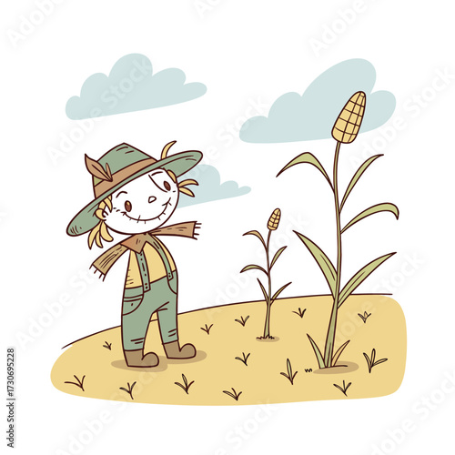 Charming scarecrow character standing guard in a cornfield under cloudy skies isolated on transparent background