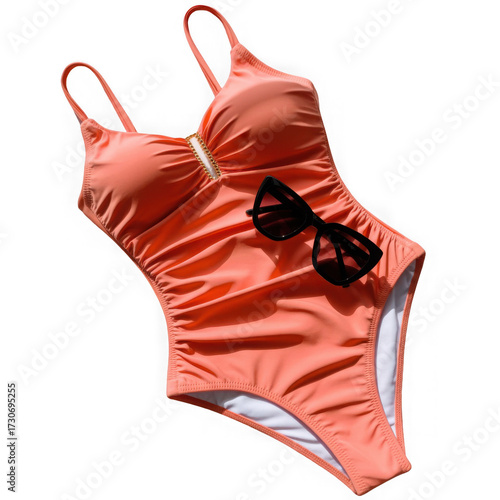 Stylish coral one piece swimsuit with sunglasses isolated on transparent background