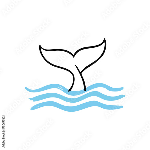 Whale Tail Above Blue Ocean Waves. A cute outline drawing of a dolphin fin splashing in serene aqua waters. Represents tranquility, freedom, and aquatic nature.