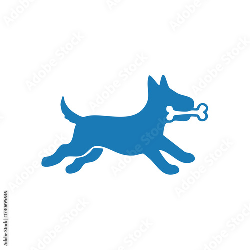 Blue Dog Running with Bone. Energetic canine bounds forward, happily clutching its favorite reward. This joyful depiction symbolizes loyalty, companionship, and pet wellness.