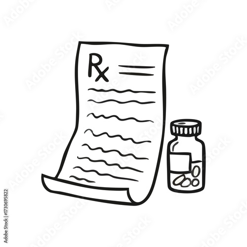Rx Medical Document and Treatment. Black and white illustration depicting a doctor's written order and a drug container. It symbolizes patient well-being, healing, and pharmaceutical care.