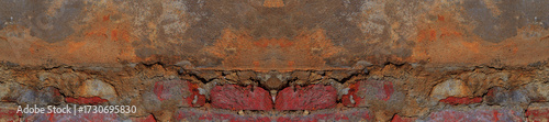Panorama view of a timeworn brick and plaster wall showcasing textures and ag...
