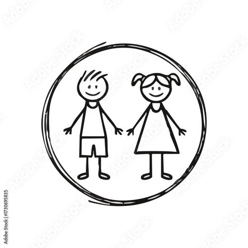 Boy Girl Stick Figures Happy Kids. Playful hand drawn youth represent friendship, family, and innocent togetherness. Simple childhood symbol.