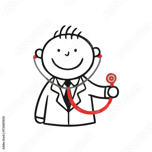 Smiling Doctor Stick Figure Drawing. This cheerful physician caricature symbolizes warm medical attention and approachable healthcare, perfect for pediatric content.