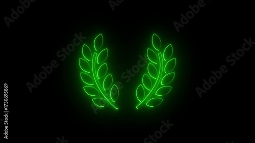 Glowing neon line Olives branch green icon isolated on black background
