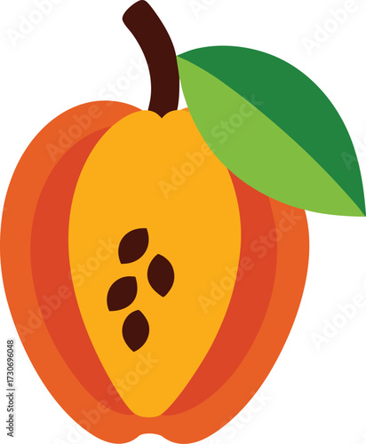 A stylized illustration of a halved apricot or peach with visible seeds and a green leaf, isolated on a white background