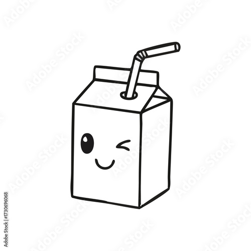 Winking Milk Carton Character. This adorable illustrated beverage pack with a straw displays a cheerful, friendly expression, symbolizing happiness and playful refreshment.