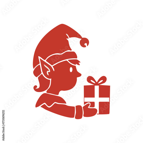 Festive Elf Delivering Holiday Gift. A delightful sprite shares a wrapped item, personifying seasonal joy. This sweet figure signifies celebration and generosity, ideal for winter designs.
