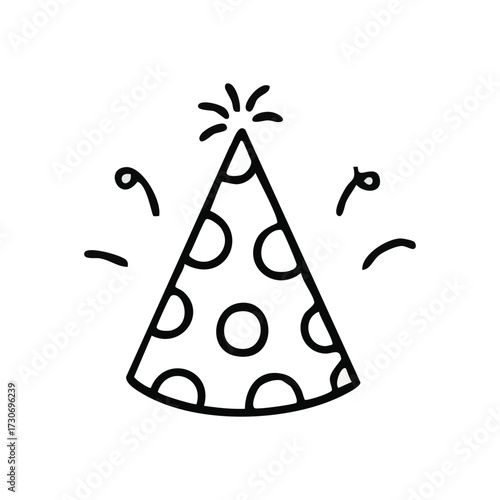 Celebration Party Hat Graphic. Minimalist black and white doodle of a festive headwear, conveying happiness and excitement for birthdays, holidays, and events.